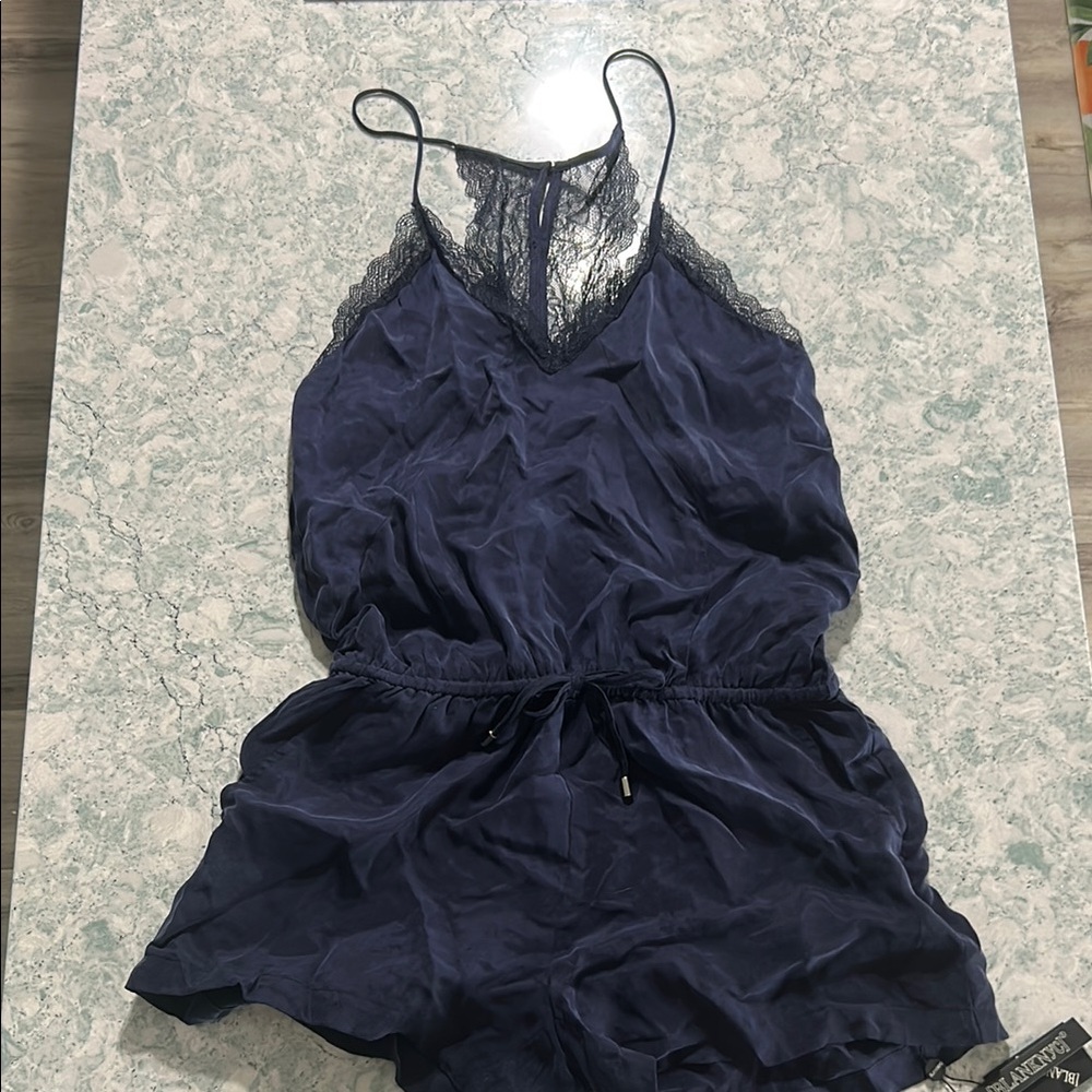 Blank NYC Blue Jumpsuit with Lace Trim and Silky Fabric